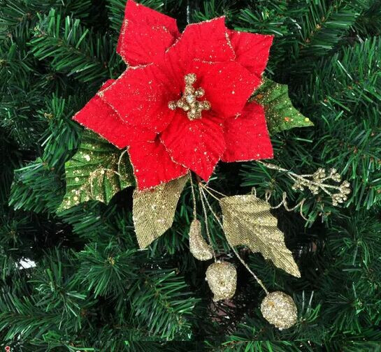 2015 Новый 10 шт лот качество Красный рождественский цветок украшения искусственный цветок рождественская елка украшения цветок